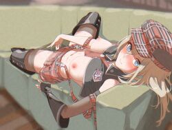 alisa_ilinichina_amiella black_pantyhose blonde_hair blush boots breasts clothes_pull coach female god_eater hair_between_eyes highres long_hair lying masturbation necktie nipples on_back paniitaa pantyhose pantyhose_pull plaid plaid_headwear plaid_skirt pussy_juice skirt solo spread_legs