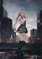 1girls bangs belt blonde_hair boots city_background cityscape closed_mouth corset earrings expressionless fair_skin female_only final_fantasy final_fantasy_xv front-tie_top full_body heels human human_only medium_breasts medium_hair night outdoors pink_lips purple_eyes rapier skirt solo solo_focus stars stella_nox_fleuret weapon yueko