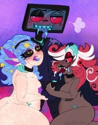 ass ball_fondling big_ass branded cum dark-skinned_female drool drooling gigantic_breasts hazbin_hotel impending_blowjob male/female/female oc original_character partially_clothed precum precum_drip pregnancy pregnant pregnant_female threesome velvette_(hazbin_hotel) vitiligo vox_(hazbin_hotel)