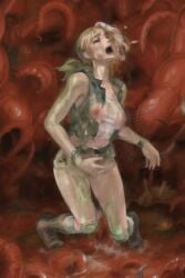 1girls 2d acid ai_generated assisted_exposure assisted_undressing bad_end blonde_hair boots closed_eyes covered_in_goo covered_in_slime digestion dissolving_clothes eri_kasamoto female game_over melting_clothes metal_slug military military_uniform open_mouth short_shorts snail snk traumatized wet