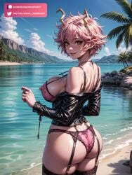 ai_generated anime_girl artificial_intelligence ass ass_focus back beach beach_background big_ass big_ass_(female) big_breasts black_jacket black_lace black_panties black_stockings blue_sky blush body_focus boku_no_hero_academia breasts curvy curvy_female curvy_figure ear female female_focus female_only from_back garter_belt garter_straps girl girls girly golden_eyes head_turned horn hourglass_figure huge_breasts jacket lace lace_bra lace_garter_belt lace_panties lake leather_jacket looking_at_back looking_at_viewer massive_breasts mature mature_female mina_ashido mr_lordprompt my_hero_academia palm_tree pink_bra pink_hair pink_panties pink_skin pointy_ears realistic rock sand_dune short_hair simple_background smile solo solo_female solo_focus solo_girl stockings thick_thighs thighs thighs_together water_background watermark yellow_eyes yellow_horn