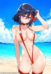 1girls ai_generated asian asian_female bare_arms bare_legs bare_shoulders bare_thighs beach big_breasts black_hair blue_eyes blush bons_ai clothed clothing color female female_focus female_only hi_res kill_la_kill large_breasts light-skinned_female light_skin looking_at_viewer matoi_ryuuko nipples_visible_through_clothing one-piece_swimsuit sand sea shy sling_bikini slingshot_swimsuit solo solo_female swimwear tagme thick_thighs water