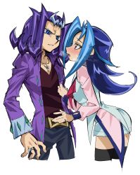 1boy 1girls blue_hair blush brother_and_sister clothing dntks female horny_female human kamishiro_rio legwear long_hair male red_eyes reginald_kastle rio_kamishiro white_background yu-gi-oh! yu-gi-oh!_zexal