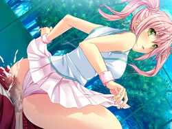 ass blush breasts buttjob censored cowgirl_position cum cum_on_ass cum_on_body cum_on_clothes cum_on_lower_body dutch_angle ejaculation erection female fence game_cg green_eyes looking_back male marushin_(denwa0214) open_mouth penis pink_hair pink_panties red_pants red_shirt shirato_usagi short_hair sitting sitting_on_person skirt skirt_lift sportswear supokon!_sports_wear_complex tennis_court tennis_uniform tied_hair track_jacket track_pants tree tsuji_tatsuya twintails underwear white_shirt wristband