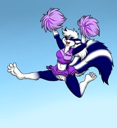 aggrobadger anthro blue_fur cheerleader female pussy skimpy skunk solo taki_(skunk) upskirt