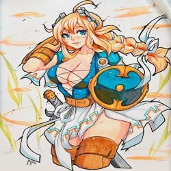 1girl 5-ish ahoge belt black_outline blonde_hair blue_eyes braid breasts cleavage cropped cropped_legs eyelashes female highres holding holding_shield large_breasts laurel_crown long_hair photo_(medium) sheath sheathed shield skindentation smile solo sophitia_alexandra soul_calibur sword teeth thighs traditional_media weapon