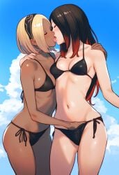 2girls ai_generated belly_button biao-9527 bikini black_hair blonde_hair dark-skinned_female eyes_closed fingering french_kiss french_kissing gravity_rush hand_on_pussy hand_under_clothes kat_(gravity_rush) kissing raven_(gravity_rush) red_hair slim_waist small_breasts swimsuit two_tone_hair wide_hips yuri