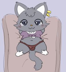 absurd_res anthro anthro_only bed clothing dian_(jewelpet) domestic_cat drugolld ear_piercing ear_ring felid feline felis fur furniture grey_body grey_fur hi_res jewelpet jewelpet_(species) looking_at_viewer male mammal piercing ring_piercing sanrio sega sega_fave sega_toys solo underwear uwu