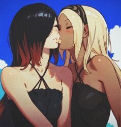 2girls ai_generated belly_button biao-9527 black_hair blonde_hair closed_eyes dark-skinned_female gravity_rush kat_(gravity_rush) kissing raven_(gravity_rush) red_hair slim_waist small_breasts swimsuit two_tone_hair wide_hips yuri