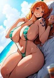 ai_due ai_generated arm_tattoo bare_legs beach female female_only gigantic_breasts huge_breasts huge_thighs light-skinned_female light_skin long_hair looking_at_viewer massive_breasts nami nami_(one_piece) one_piece orange_eyes orange_hair pawg post-timeskip shounen_jump sling_bikini slingshot_swimsuit smiling solo_female squatting sweat sweatdrop swimsuit tattoo thick_body thick_female thick_thighs thighs thighs_bigger_than_head voluptuous voluptuous_female