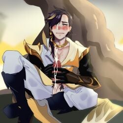 1boy arena_of_valor black_hair male_only masturbation murad_(arena_of_valor) penis yellow_eyes