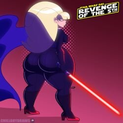 1girls ass ass_cleavage battle big_ass blonde blonde_female blonde_hair blonde_hair_female bodysuit boots bottom_heavy breasts bubble_butt butt_crack cape crossover_cosplay disney fat_ass female female_only frostbiteboi gloves gravity_falls high_heel_boots high_heels huge_ass knee_boots large_ass lightsaber long_hair massive_ass pacifica_northwest red_eyes revenge_of_the_5th sith star_wars thicc-verse thick_ass thick_thighs thunder_thighs tight_bodysuit tight_clothing wide_hips