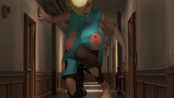 3d 3d_(artwork) black_lipstick black_nails blender blonde_hair blue_eyes giantess giantess_growth hallway huge_breasts mario_(series) nintendo princess_rosalina ring ripped_clothing squidly super_mario_galaxy