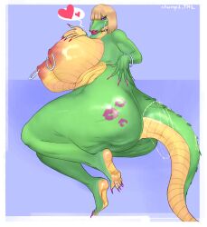 absurd_res alligator alligatorid anthro ass big_breasts big_butt bimbo_lip blonde_hair breasts cellulite chump1_tnl crocodilian ear_piercing feet female hair hi_res makeup nails nipple_piercing nipples nude piercing reptile scalie simple_background solo tail