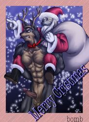 2boys abs anthro balls beard bomb_(artist) boots bow_tie canine christmas doberman erection fur furry headband_with_horns humanoid_penis male_only muscles muscular muscular_male penis piggyback precum sack santa_claus santa_costume santa_hat snow tagme