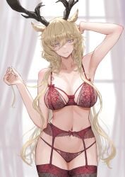 1girls :) animal_ears arknights armpits bare_shoulders blonde_hair blue_eyes bra breasts chest cleavage female female_only garter_belt gino hair_between_eyes hand_on_head head_tilt highres hips horns kemonomimi light-skinned_female lingerie long_hair looking_at_viewer navel panties pubic_hair_peek red_bra red_garter_belt red_lingerie red_panties red_underwear smile smiling solo_female standing underwear very_long_hair viviana_(arknights) waist