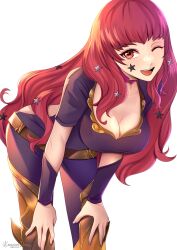 1girls absurdres black_bodysuit bodysuit breasts cleavage facial_mark female female_only fire_emblem fire_emblem_engage hair_ornament hands_on_own_knees highres leaning_forward long_hair medium_breasts nintendo one_eye_closed open_mouth pixie_(pixieinktvis) red_eyes red_hair smile solo star_(symbol) star_facial_mark star_hair_ornament upper_body watermark wavy_hair white_background yunaka_(fire_emblem)