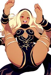 1girls ai_generated barefoot biao-9527 blonde_hair dark-skinned_female feet gravity_rush kat_(gravity_rush) legs_up long_hair looking_at_viewer lying lying_down lying_on_back missionary_position red_eyes slim_waist small_breasts smiling_at_viewer sole_female soles spread_legs teenager thick_thighs wide_hips