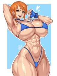 abs armpits athletic athletic_female bikini blue_bikini blue_gloves breasts clothing dressed female female_only fingerless_gloves gloves hair large_breasts light_skin looking_at_viewer muscular muscular_female musuclar nami one_piece orange_eyes orange_hair pre-timeskip smile smiling smiling_at_partner solo solo_female srbready thick_thighs