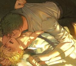 2boys blonde_hair blush formal formal_wear fully_clothed gay green_hair hair_grab holding_hands kissing kissing kissing_neck male male_only nori31291404 on_back one_piece open_mouth open_shirt roronoa_zoro sleeves_rolled_up suit sweat vinsmoke_sanji window yaoi