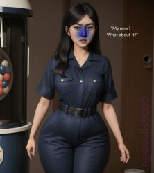 1girls ai_generated asian asian_female belt big_ass big_thighs black_belt black_hair blue_skin dialogue english_text female female_only hgswells9000 light-skinned_female long_hair medium_breasts skin_turning_blue solo stable_diffusion text thin_waist wide_hips work_uniform