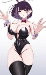 1girls 2d bare_shoulders belly belly_button belly_button_visible_through_clothing big_breasts breasts bunny_ears bunnysuit cleavage detached_collar detached_sleeves female hips hossy huge_breasts large_breasts looking_at_viewer oc open_mouth original_character purple_eyes purple_hair short_hair solo source standing thick_thighs thighhighs thighs white_background wide_hips