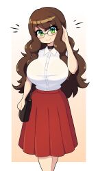 1girls big_breasts brown_hair choker commission female female_only glasses green_eyes handbag hi_res j5daigada long_hair looking_at_viewer shirt skirt smiling smiling_at_viewer solo