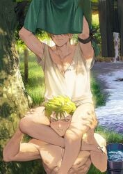 2boys blush detailed_background gay green_hair head_between_thighs laundry male male_only muscular muscular_male nori31291404 one_piece outdoors pre-timeskip roronoa_zoro shiny_skin sitting_on_person sitting_on_shoulders smile sweat sweatdrop thigh_grab thigh_squish topless topless_male vinsmoke_sanji wearing_others_clothes yaoi