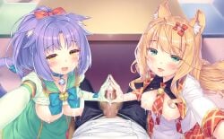 bell bow breasts catgirl censored cinnamon_(sayori) collar cum cum_drip cum_on_body cum_on_breasts cum_on_face cum_on_hair cum_on_hand gloved_handjob gloves handjob large_breasts looking_at_viewer maple_(sayori) nekopara pink_nipples sayori smug tie