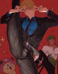 3boys blonde_hair business_suit double_v fully_clothed hair_over_one_eye leg_up looking_at_viewer male male_only nori31291404 one_piece pre-timeskip red_background roronoa_zoro solo_focus splits spread_legs suit tight_clothing tight_pants tony_tony_chopper v vertical_splits vinsmoke_sanji