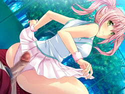 ass blush breasts buttjob censored cowgirl_position dutch_angle erection female fence game_cg looking_back male marushin_(denwa0214) open_mouth penis pink_hair pink_panties red_pants red_shirt shirato_usagi short_hair sitting sitting_on_person skirt skirt_lift smile sportswear supokon!_sports_wear_complex tennis_court tennis_uniform tied_hair track_jacket track_pants tree tsuji_tatsuya twintails underwear white_shirt wristband yellow_eyes