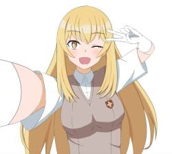 1girls blonde_female blonde_hair breasts cute cute_girl female female_only gloves happy kawaii large_breasts one_eye_closed open_mouth shokuhou_misaki smile sparkling_eyes teenage_girl teenager to_aru_majutsu_no_index tokiwadai_school_uniform yellow_eyes young younger_female