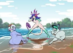 3girls absurd_res accessory animal_humanoid anthro ass barefoot beach big_breasts big_penis breasts chameleon_humanoid female flower flower_in_hair genitals green_hair green_skin group hair hair_accessory hi_res humanoid humanoid_pointy_ears league_of_legends lizard_humanoid lovetopullmicke lying medium_breasts neeko nude on_side plant purple_body purple_skin pussy reptile reptile_humanoid riot_games scalie scalie_humanoid sitting smile soles standing tencent toes trio tristana vex_(league_of_legends) white_hair yordle