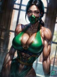 1girls abs ai_generated athletic_female big_breasts black_hair cleavage curvaceous face_mask jade_(mortal_kombat) jadegretz long_hair mortal_kombat mortal_kombat_(2011) muscular_arms muscular_female netherrealm_studios ponytail thick_thighs wide_hips