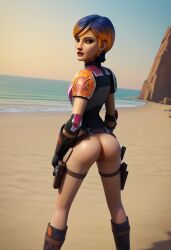 1girls ai_generated ass beach outdoors outside presenting_pussy pussy sabine_wren solo solo_focus standing star_wars star_wars_rebels