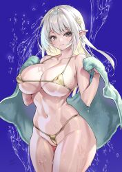 :3 blush elf elf_ears flower_in_hair gold_bikini gradient_eyes huge_breasts long_hair micro_bikini nipple_bulge signature skindentation thong towel towel_around_waist wet wet_skin white_hair