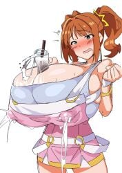 1girls between_breasts blush blush_lines boba_tea boba_tea_challenge breasts brown_hair bubble_tea bubble_tea_challenge cleavage cleavage_storage cup drink embarrassed embarrassed_female female female_focus female_only green_eyes hips hyper hyper_breasts idolmaster lactate lactating lactating_nipples lactating_through_clothing lactation lactation_through_clothes large_breasts momo_no_suidou-sui nipple_bulge overalls skirt tapioca_challenge thighs twintails yayoi_takatsuki