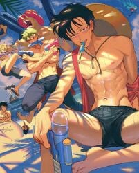 beach black_hair dracule_mihawk looking_at_viewer male male_only marco_(one_piece) monkey_d_luffy multiple_boys nori31291404 off_shoulder one_piece outdoors popsicle pre-timeskip roronoa_zoro short_shorts shorts sitting solo_focus straw_hat sweat swimming_trunks swimwear toned toned_male tony_tony_chopper topless topless_male trafalgar_law usopp vest vinsmoke_sanji water_gun