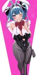 1girls 2d bare_shoulders belly belly_button belly_button_visible_through_clothing big_breasts blue_eyes blue_hair blush breasts bunny_ears bunnysuit cleavage female fishnets hair_ribbon hatsune_miku heart-shaped_pupils hossy huge_breasts large_breasts leg_up looking_at_viewer one_eye_closed open_mouth pantyhose rabbit_hole_(vocaloid) slave_handles smile solo source standing teardrop_facial_mark tied_hair twintails vocaloid