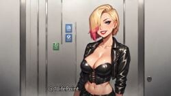 1lifepoint ai_generated android_18 belt big_breasts blonde_hair blue_eyes busty cleavage corset hoop_earrings leather leather_jacket lipstick looking_at_viewer midriff multicolored_hair navel red_highlights red_lipstick smile wallpaper