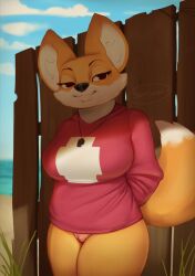 anthro biped bottomless breasts canid canine clothed clothing female fox fur genitals hi_res looking_at_viewer lucy_(sniffsnorf) mammal orange_body orange_fur pussy sniffsnorf solo tail