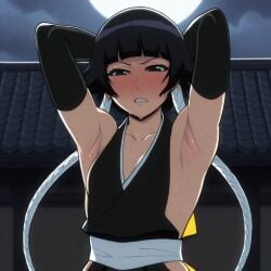 1girls ai_generated annoyed armpits black_eyes black_hair bleach bleach:_the_thousand-year_blood_war blunt_bangs blush elbow_gloves gloves hands_behind_head japanese_clothes looking_at_viewer small_breasts soifon solo_female sweat sweatdrop sweating sweaty tosca