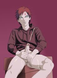1boy bare_legs bottomless collarbone drawstring erection feet_out_of_frame forehead forehead_tattoo gaara green_eyes hand_on_penis highres hood hood_down hoodie looking_at_viewer makeup male_focus male_masturbation male_only mascara masturbation naruto naruto_(series) naruto_shippuuden no_eyebrows no_pupils open_mouth penis penis_grab purple_background purple_hoodie red_hair sexyanimes short_hair simple_background sitting solo tattoo teeth testicles thigh_grab