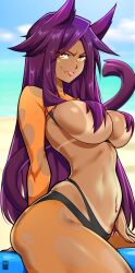 1girls bare_arms bare_legs bare_shoulders bare_thighs bayeuxman big_breasts bikini bikini_bottom bleach cat_ears cat_tail catgirl clothed clothing color covered_nipples dark-skinned_female dark_skin female female_focus female_only hi_res large_breasts no_bra purple_hair shihouin_yoruichi solo solo_female tagme tail thick_thighs yellow_eyes