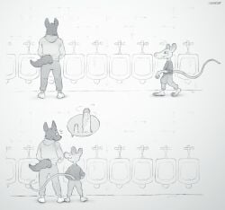 anthro balls big_balls big_bulge big_penis bulge clothing crimetxt flaccid furry fylk male male_only monochrome opossum penis penis_size_difference size_difference urinal virginia_opossum