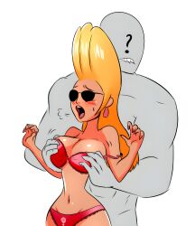 blonde_female blonde_hair blush boobs cartoon_network color gender_transformation genderswap_(mtf) hand_on_breast jenny_bravo johnny_bravo_(series) rule_63 sunbathing sunglasses swimsuit themightfenek tinted_eyewear touching_breast