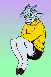 anthro blue_eyes blue_hair bottomwear bovid caprine clothed clothing dragon ear_piercing eyewear frosty_(ded_em) glasses goat hair hi_res hooves horn hotpants hybrid lord_bandicam male male_only mammal messy_hair mythological_creature mythological_scalie mythology piercing scalie scar shorts sitting solo sweater topwear turtleneck white_body yellow_clothing yellow_sweater yellow_topwear yellow_turtleneck