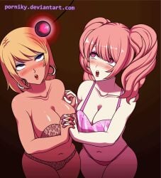 2022 2d 2d_(artwork) 2girls animated blonde_hair blush candace_crush earrings holding_hands huniepop huniepop_2 hypnosis jessie_maye leopard_print pendulum pink_bikini pink_hair porniky twintails twintails_(hairstyle) white_skin