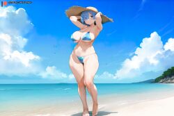 3:2_aspect_ratio ai_generated armpits arms_behind_head arms_up bangs bare_shoulders barefoot beach bikini blue_bikini blue_eyes blue_hair blue_sky blue_swimsuit blush breasts clavicle cleavage clothing cloud day feet female female_only full_body hair_ornament hair_over_one_eye hat headwear high_resolution large_breasts large_filesize legs looking_at_viewer navel ocean one_arm_up outdoors re:zero_kara_hajimeru_isekai_seikatsu rem_(re:zero) sand seapine short_hair skindentation sky smile solo standing straw_hat string_bikini sun_hat swimsuit thick_thighs thighs toes underboob water watermark wide_hips x_hair_ornament