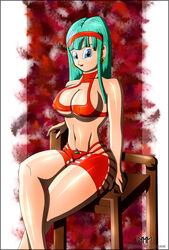 1girls big_breasts blue_eyes blue_hair bra_(dragon_ball) bra_briefs breasts busty cleavage dragon_ball dragon_ball_gt erect_nipples hoop_earrings marvelous_mark nipples pubic_hair seductive sexually_suggestive turquoise_hair voluptuous